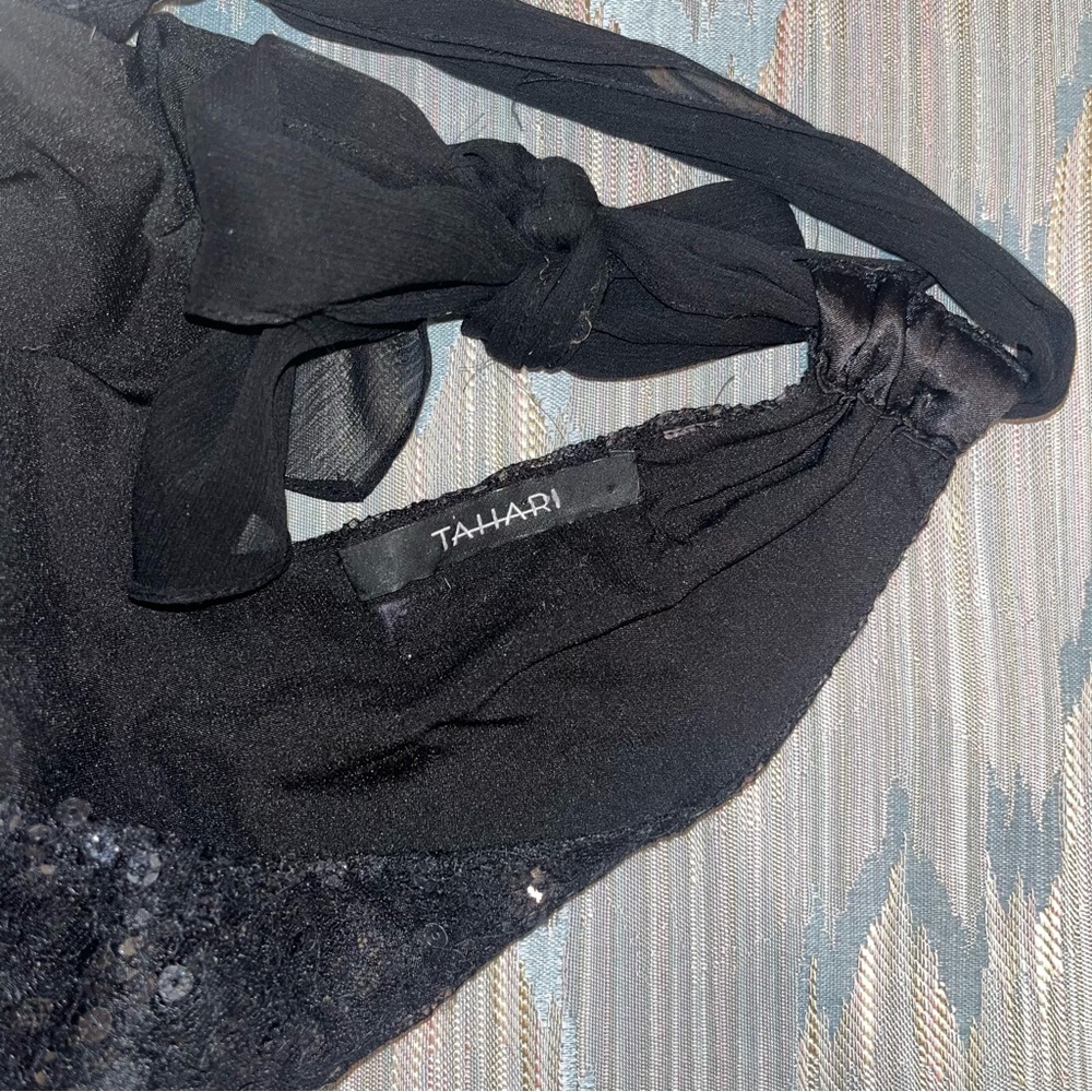 Tahari Dressy Black Sequin Halter top,sheer chiffon mesh straps keyhole tie back - Picture 8 of 11